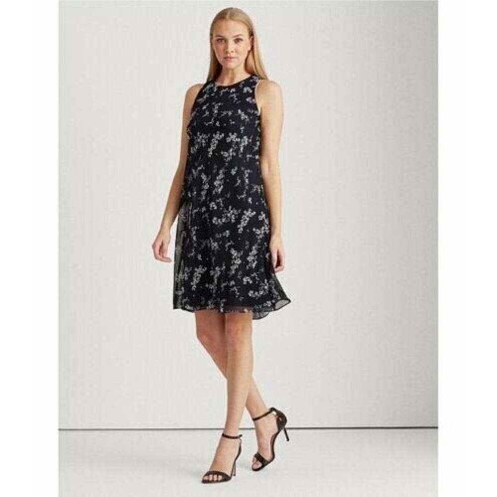 Lauren Ralph Lauren Floral Georgette Shift Dress Navy Blue Size 14‎